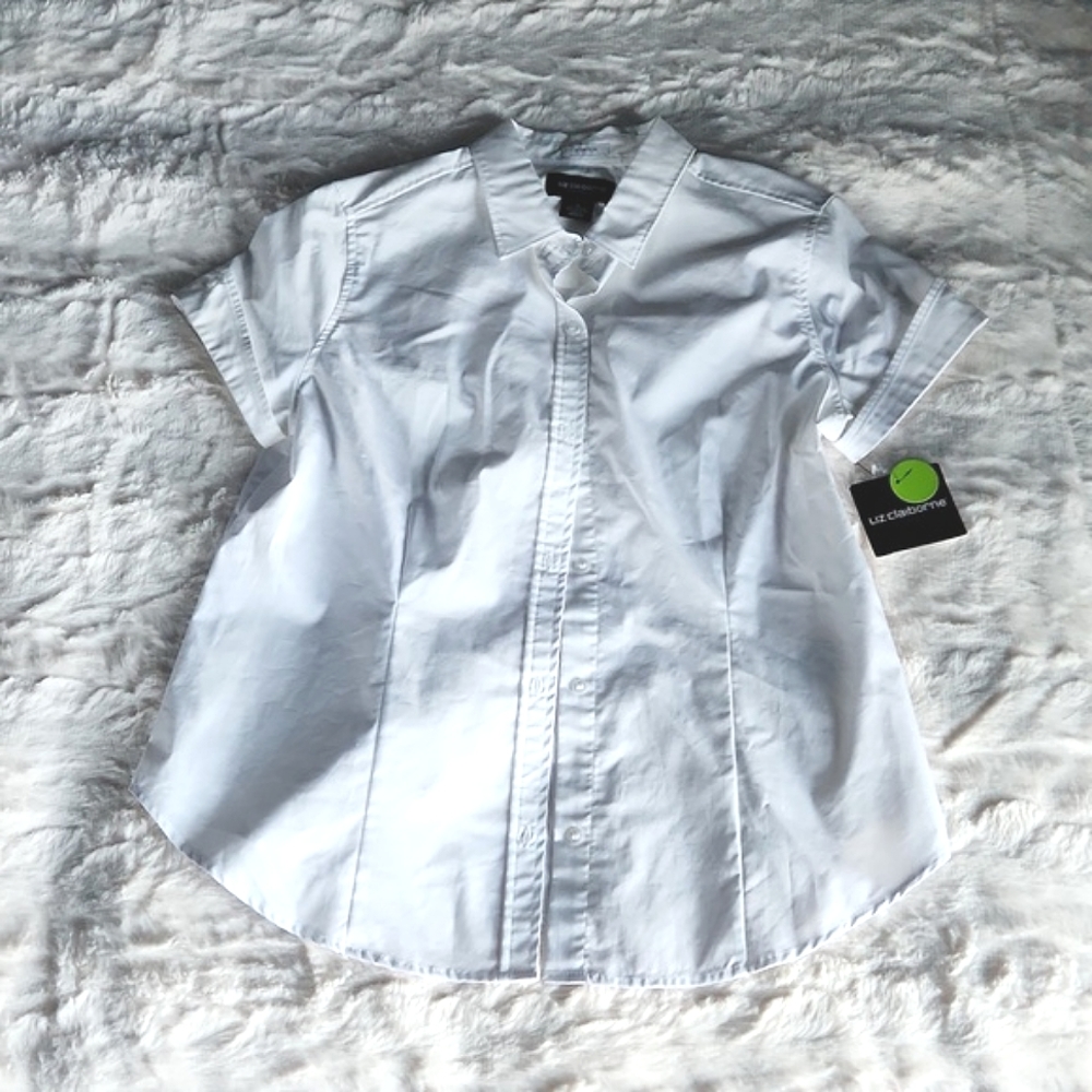 LIZ CLAIBORN, Crisp White, Sz. S, Cap Sleeve, Button Up, Tailored, Blouse, Top